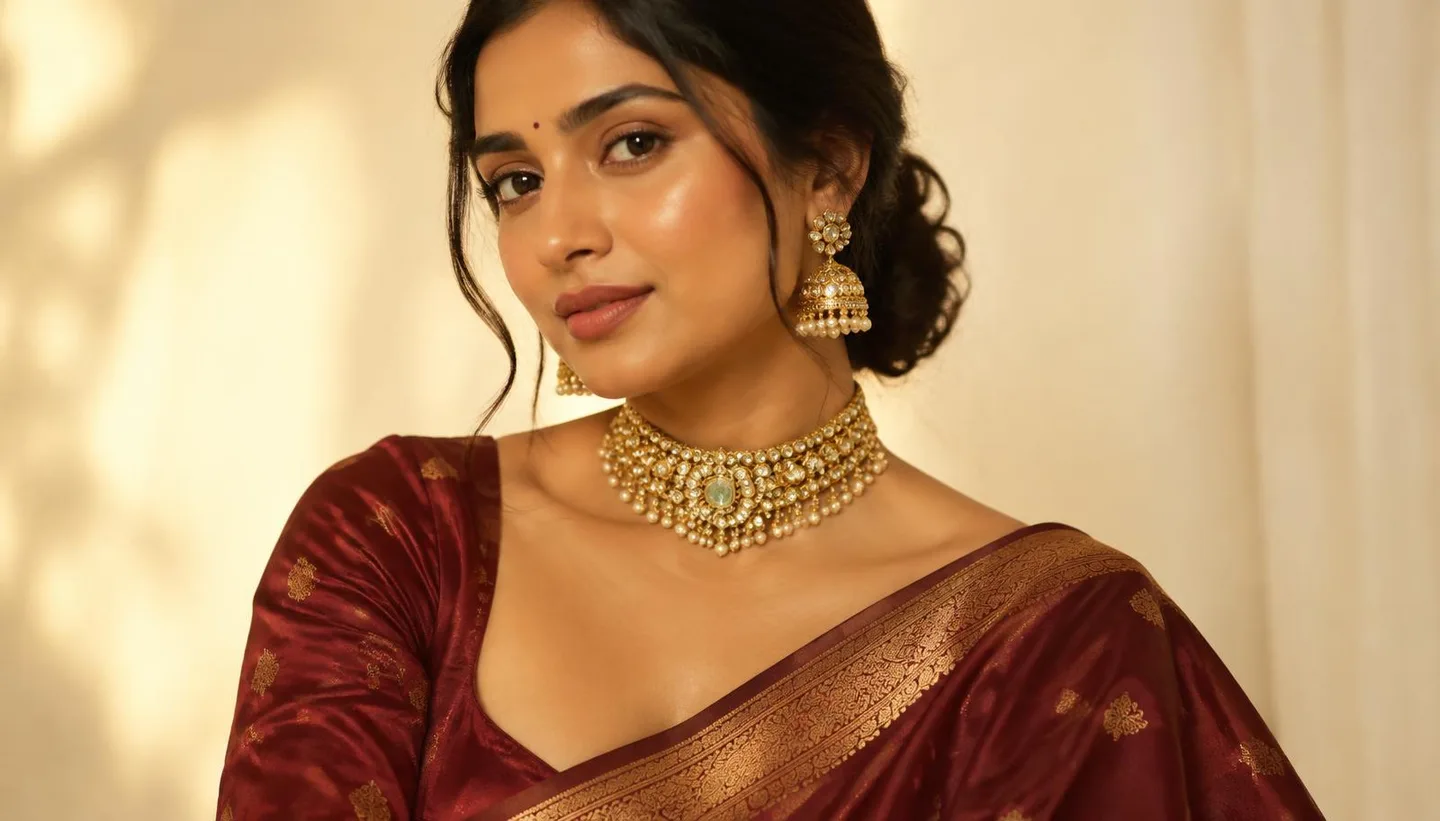 Woman wearing a Zewar-e-Noor kundan choker and jhumkas
