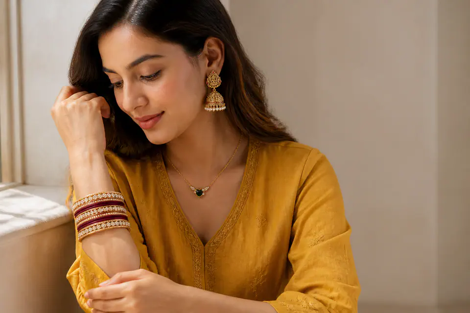 Woman in a mustard kurta comparing gold-plated bangles on her wrist in daylight