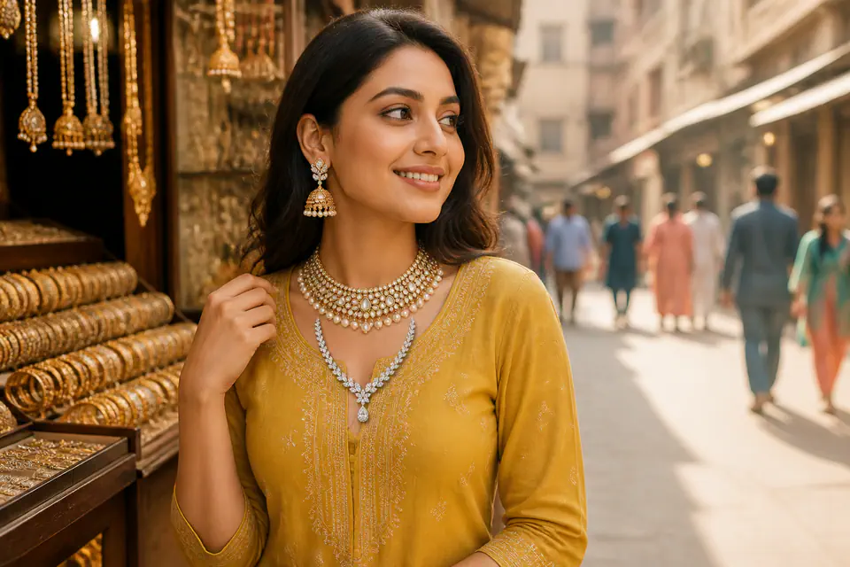 Woman in a mustard kurta shopping in a bazaar lane, wearing an oxidised necklace and gold plated bangle stack