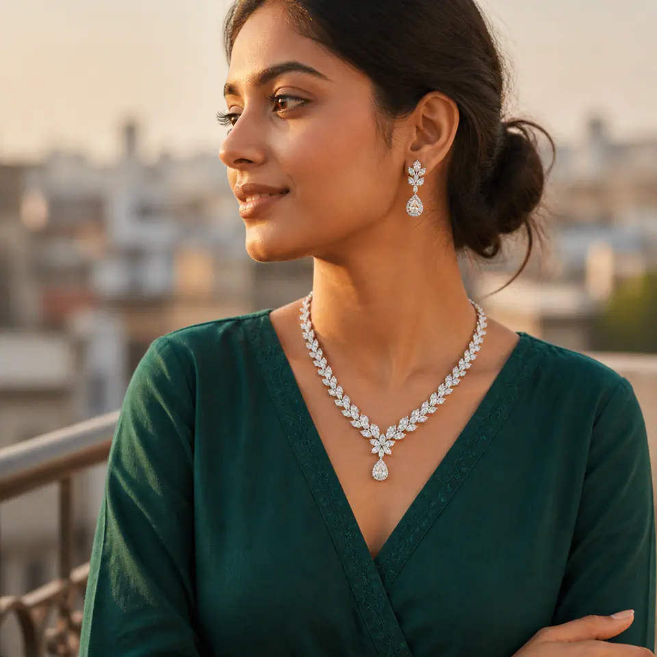 Sitara AD Pendant Set and Zoya AD Drop Earrings worn with a deep green kurta in evening light