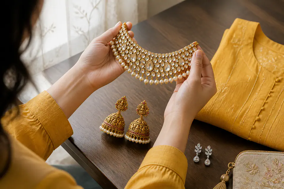 Gold tone Trio Charm Layered Necklace held up to window light beside a folded mustard kurta