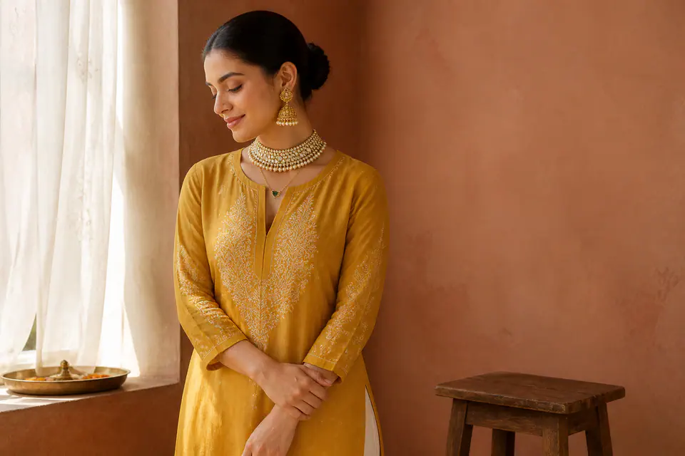 Woman in a marigold kurta wearing a Kundan necklace set and an oxidised necklace, styled for an Indian jewellery types guide