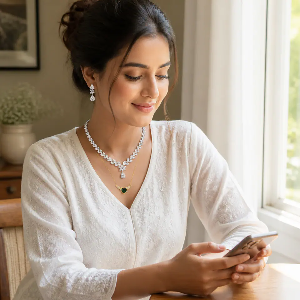 Afsana oxidised necklace and Sitara AD pendant set laid out on a wooden table near a window