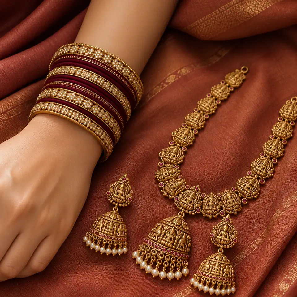 Shehnai maroon kundan bangle stack and Shahi Temple necklace on rust silk
