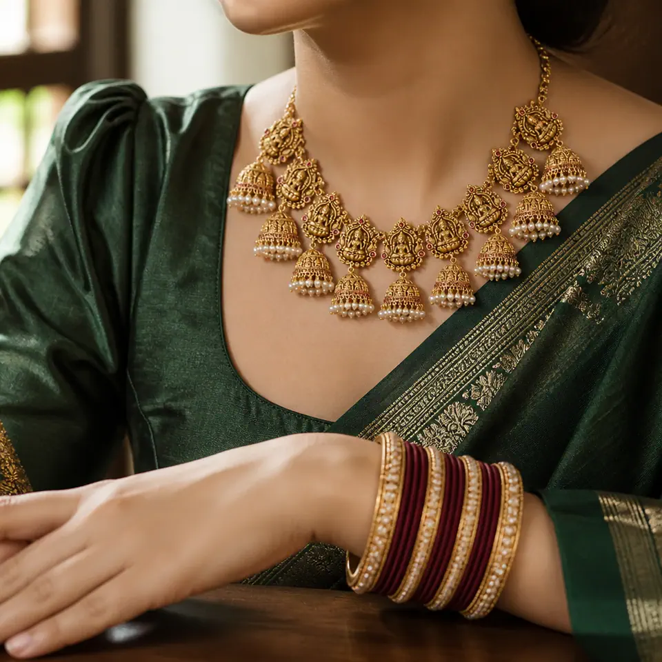 Shahi Temple necklace set and Shehnai gold plated bangle stack styled with a green silk saree