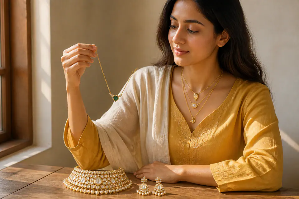 Imitation jewellery vs real jewellery: gold-tone layered necklace held up in morning light