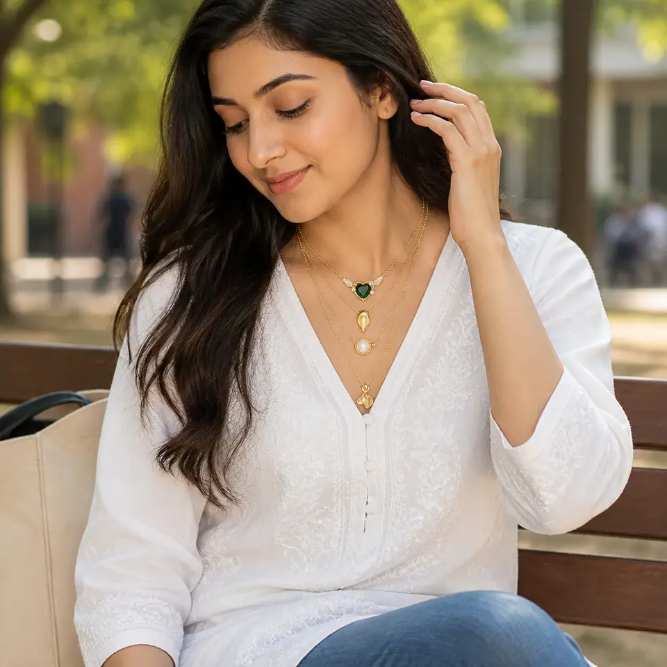 Oxidised necklace and gold-tone layered necklace styled with a white kurti and denim