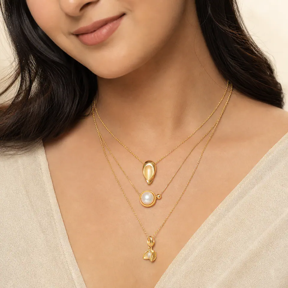 Trio Charm Layered Necklace — on model view