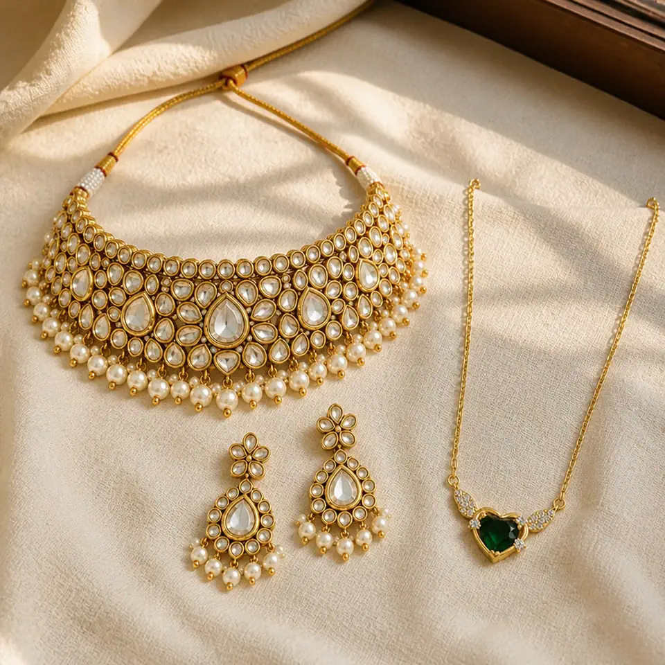 Kundan necklace set beside an oxidised necklace on cream linen, showing two Indian jewellery finishes