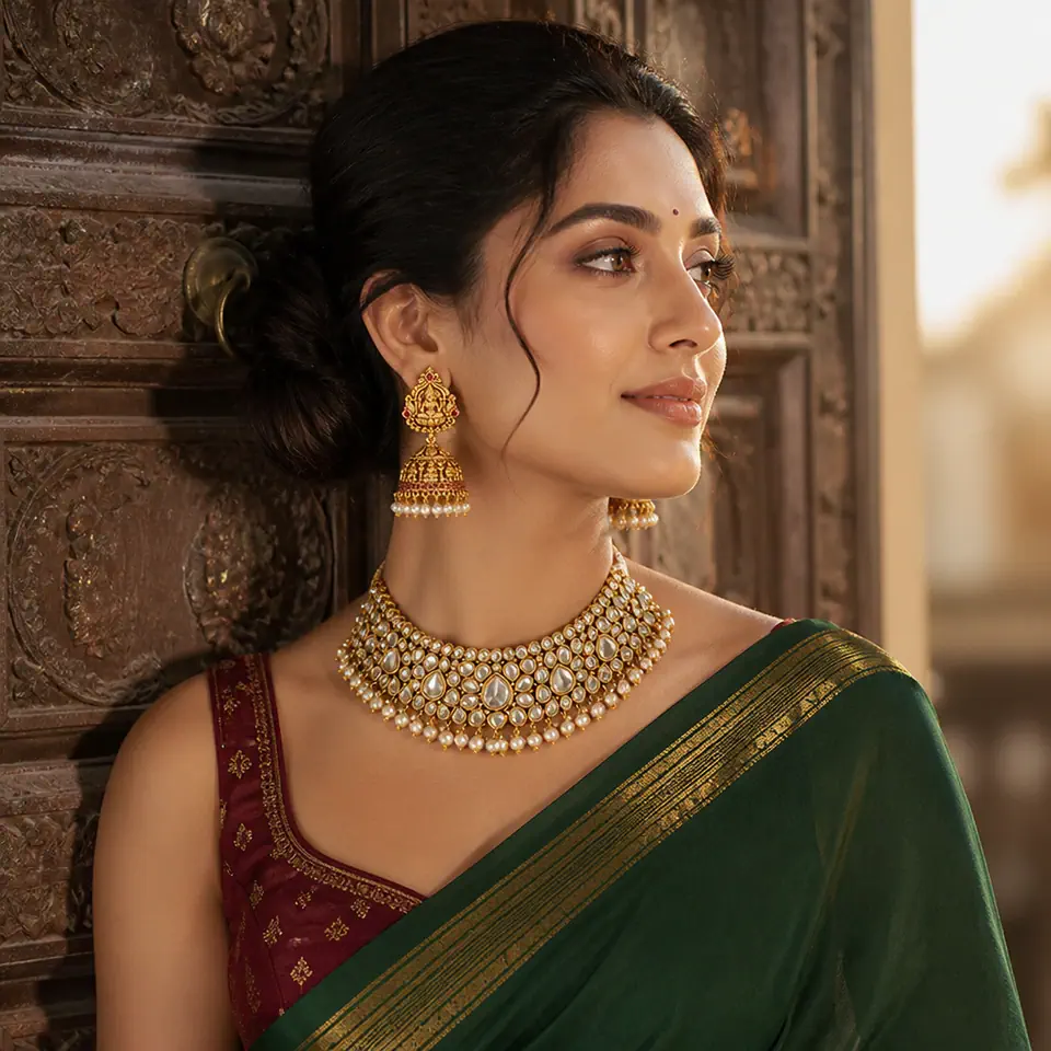 Kundan pearl necklace set and temple necklace set styled with a green silk saree