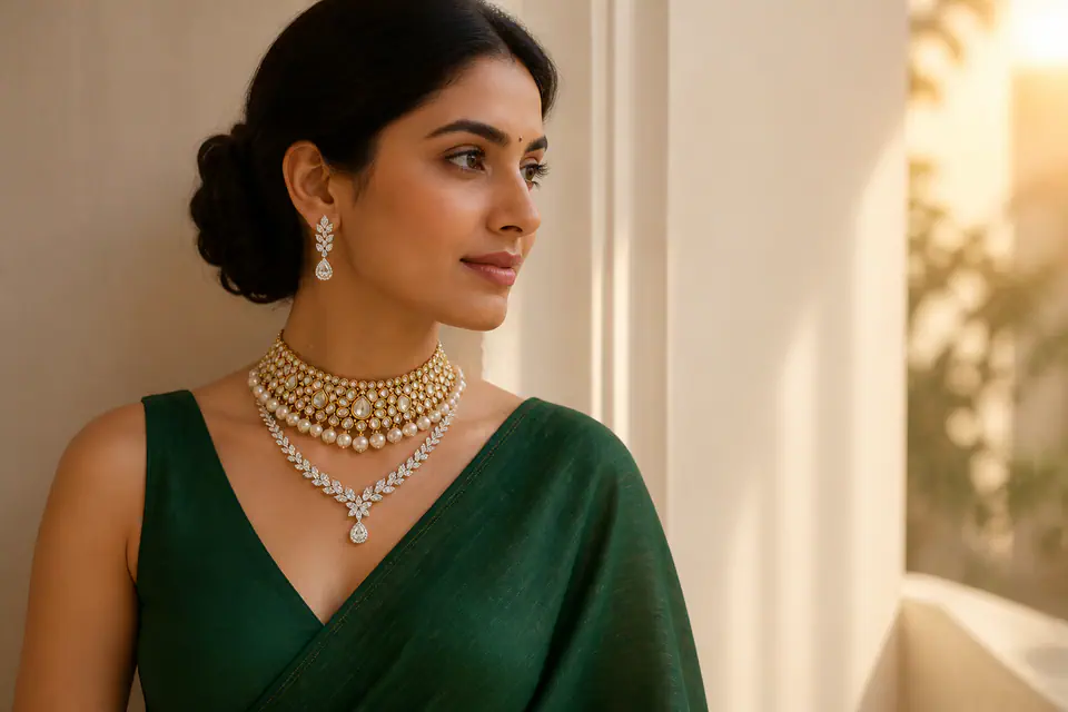 Woman in green saree wearing Zoya AD drop earrings and Sitara AD pendant set near a window